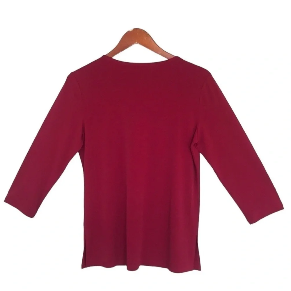 Susan Graver Red Embroidered V-Neck 3/4 Sleeve Stretch Top - Picture 4 of 8
